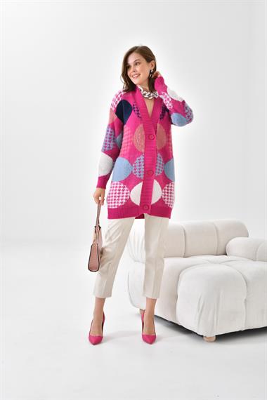 FTZ Women Kadın Desen Düğme Detay Hırka  Fuşya 21-6019