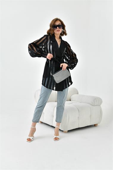 FTZ Women Kadın Desenli Organze Kap  Siyah 30738