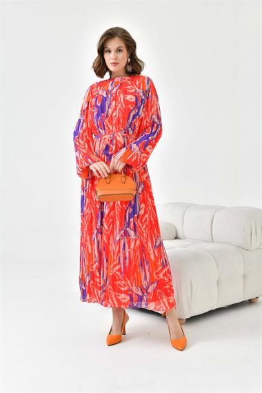FTZ Women Kadın Desenli Pliseli Elbise  Kırmızı 30746