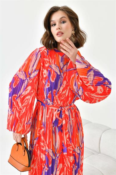 FTZ Women Kadın Desenli Pliseli Elbise  Kırmızı 30746