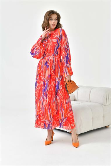 FTZ Women Kadın Desenli Pliseli Elbise  Kırmızı 30746