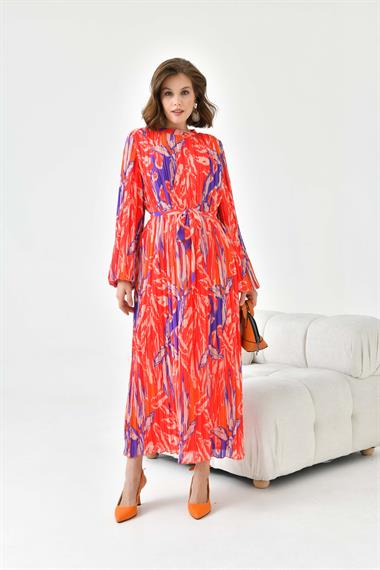 FTZ Women Kadın Desenli Pliseli Elbise  Kırmızı 30746
