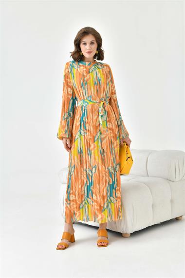 FTZ Women Kadın Desenli Pliseli Elbise  Sarı 30746
