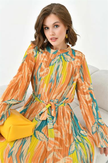 FTZ Women Kadın Desenli Pliseli Elbise  Sarı 30746