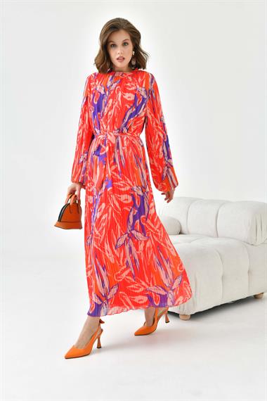 FTZ Women Kadın Desenli Pliseli Elbise  Kırmızı 30746