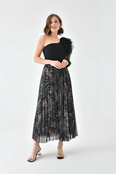 FTZ Women Kadın Desenli Pliseli Etek  Beige 30728