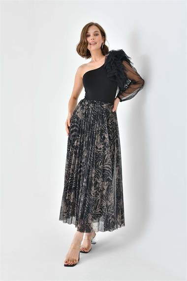 FTZ Women Kadın Desenli Pliseli Etek  Beige 30728