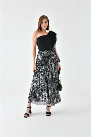 FTZ Women Kadın Desenli Pliseli Etek  Siyah 30728