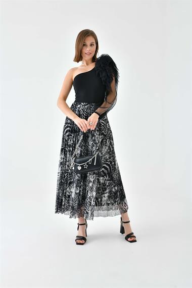 FTZ Women Kadın Desenli Pliseli Etek  Siyah 30728