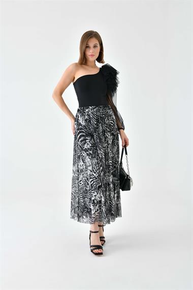 FTZ Women Kadın Desenli Pliseli Etek  Siyah 30728