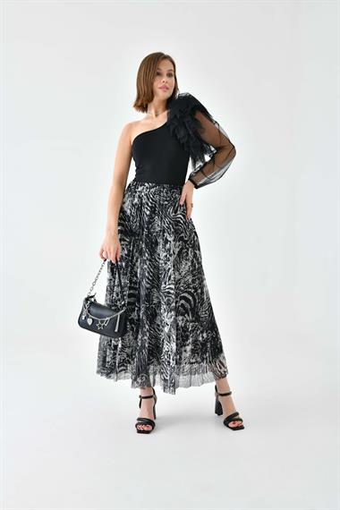 FTZ Women Kadın Desenli Pliseli Etek  Siyah 30728