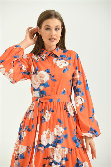 FTZ Women Kadın Desenli Poplin Elbise  Orange 30107