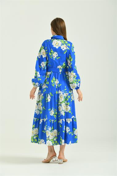 FTZ Women Kadın Desenli Poplin Elbise  Saks Mavi 30107