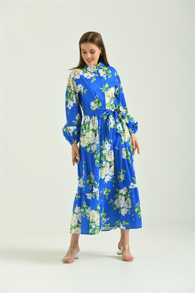 FTZ Women Kadın Desenli Poplin Elbise  Saks Mavi 30107