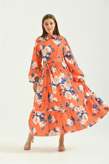 FTZ Women Kadın Desenli Poplin Elbise  Orange 30107