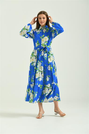 FTZ Women Kadın Desenli Poplin Elbise  Saks Mavi 30107