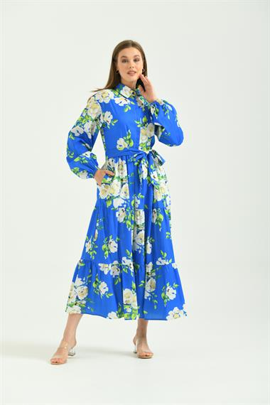 FTZ Women Kadın Desenli Poplin Elbise  Saks Mavi 30107