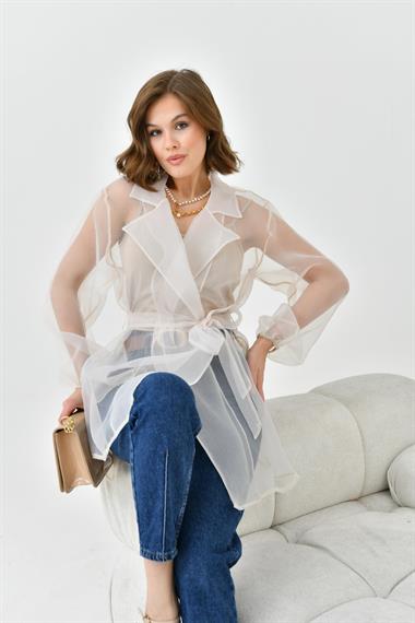 FTZ Women Kadın Desenli Şifon Kap  Beige 30737