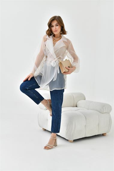 FTZ Women Kadın Desenli Şifon Kap  Beige 30737