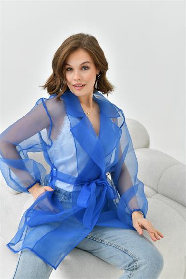 FTZ Women Kadın Desenli Şifon Kap  Saks Mavi 30737