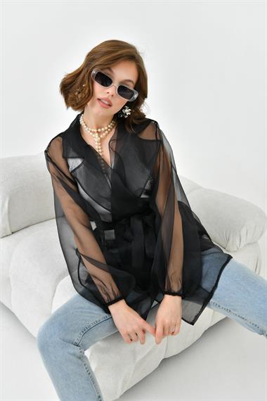 FTZ Women Kadın Desenli Şifon Kap  Siyah 30737