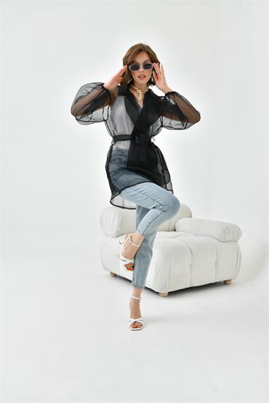 FTZ Women Kadın Desenli Şifon Kap  Siyah 30737