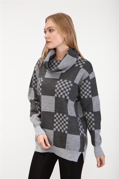 FTZ Women Kadın Desenli Triko Kazak  Açık Gri 21-6021