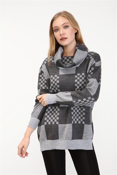 FTZ Women Kadın Desenli Triko Kazak  Açık Gri 21-6021
