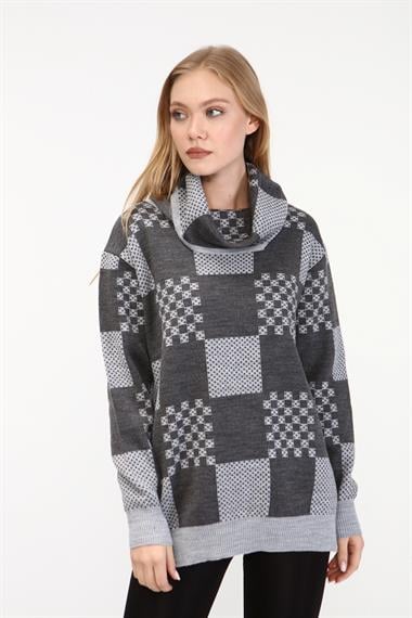 FTZ Women Kadın Desenli Triko Kazak  Açık Gri 21-6021