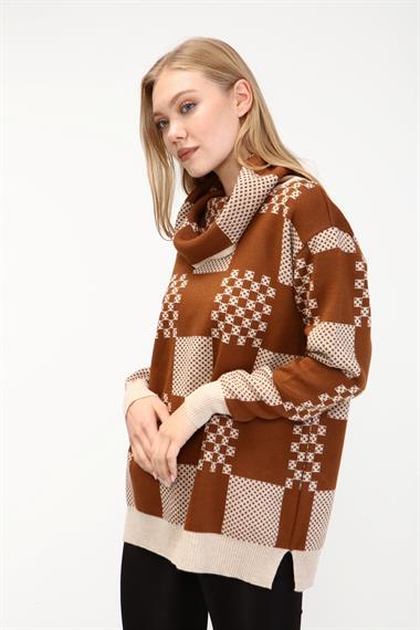 FTZ Women Kadın Desenli Triko Kazak  Taş 21-6021
