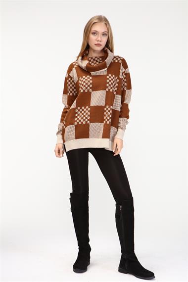 FTZ Women Kadın Desenli Triko Kazak  Taş 21-6021