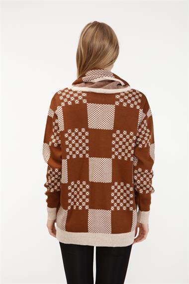 FTZ Women Kadın Desenli Triko Kazak  Taş 21-6021