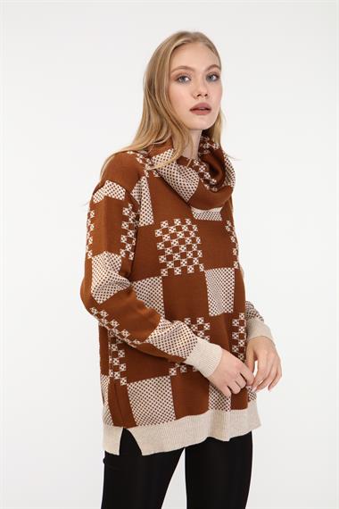 FTZ Women Kadın Desenli Triko Kazak  Taş 21-6021