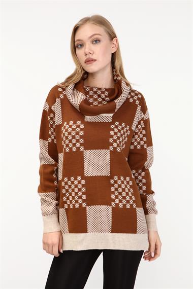 FTZ Women Kadın Desenli Triko Kazak  Taş 21-6021