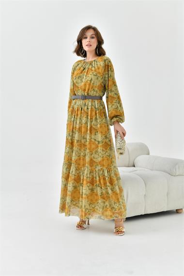 FTZ Women Kadın Desenli Tül Elbise  Asit 30763