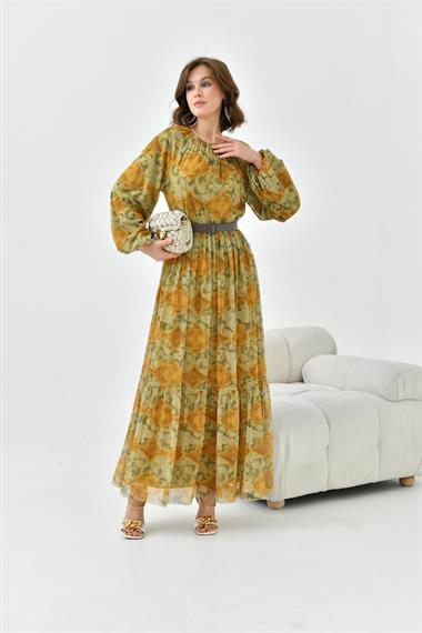 FTZ Women Kadın Desenli Tül Elbise  Asit 30763