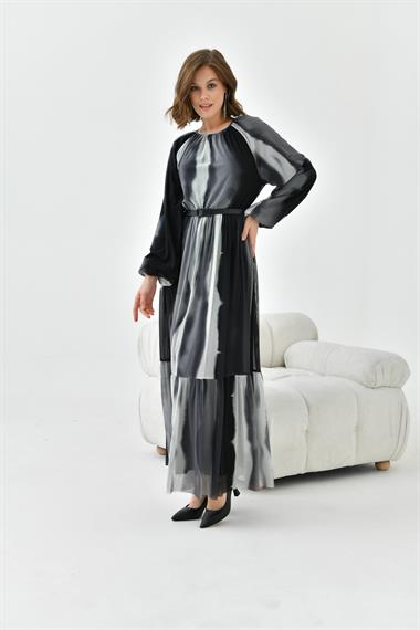 FTZ Women Kadın Desenli Tül Elbise  Gri 30757