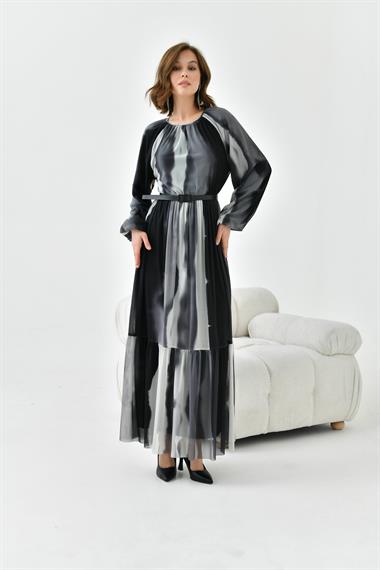 FTZ Women Kadın Desenli Tül Elbise  Gri 30757