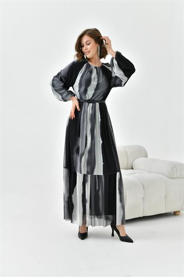 FTZ Women Kadın Desenli Tül Elbise  Gri 30757