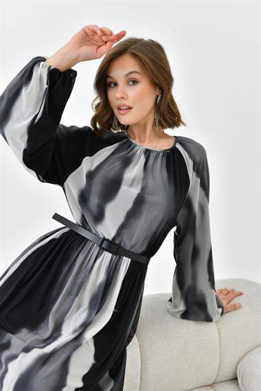 FTZ Women Kadın Desenli Tül Elbise  Gri 30757