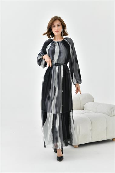 FTZ Women Kadın Desenli Tül Elbise  Gri 30757