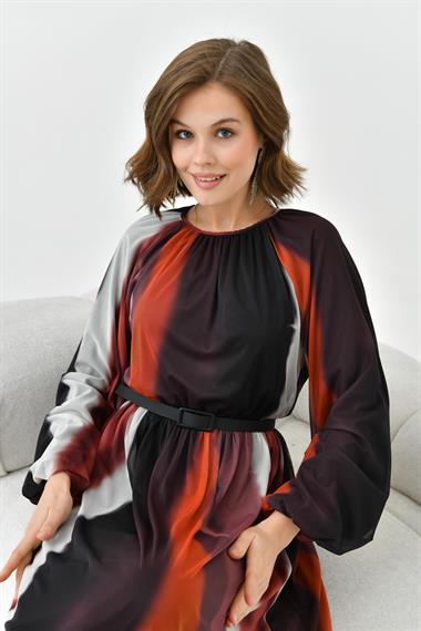 FTZ Women Kadın Desenli Tül Elbise  Kiremit 30757