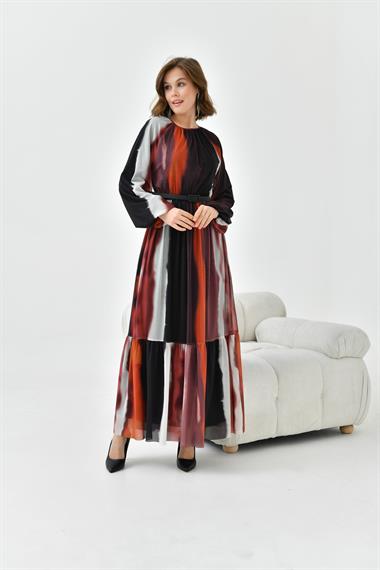 FTZ Women Kadın Desenli Tül Elbise  Kiremit 30757