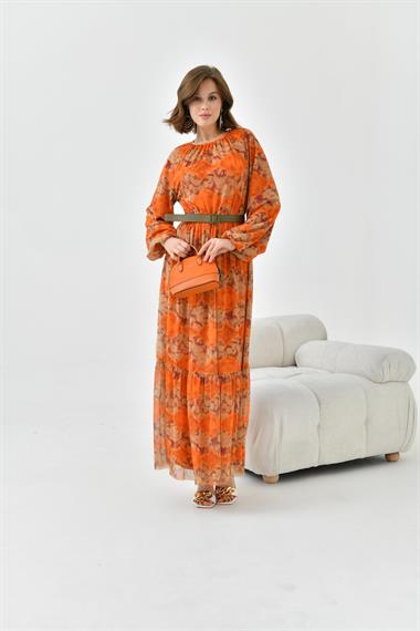 FTZ Women Kadın Desenli Tül Elbise  Orange 30763