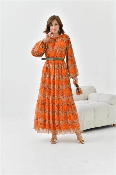 FTZ Women Kadın Desenli Tül Elbise  Orange 30763