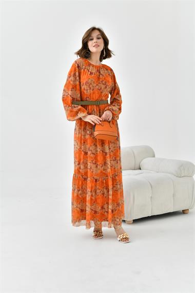 FTZ Women Kadın Desenli Tül Elbise  Orange 30763
