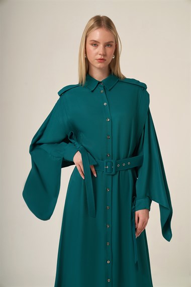 FTZ Women Kadın Doğal Elyaf Pelerin Elbise  Petrol 31339