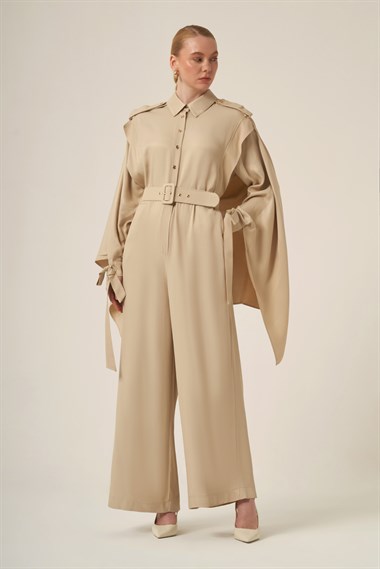 FTZ Women Kadın Doğal Elyaf Şal Detay Tulum  Beige 31340