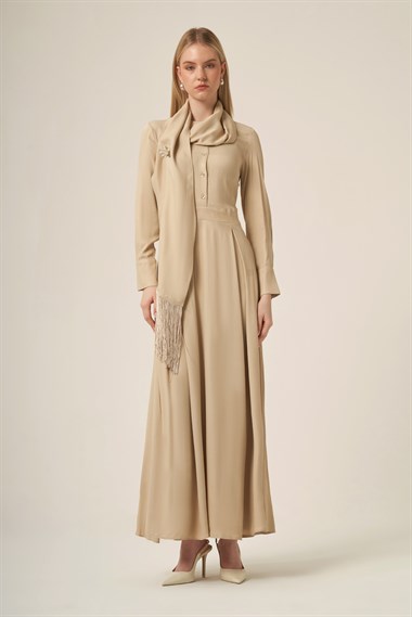 FTZ Women Kadın Doğal Elyaf Şal Detay Elbise  Beige 31337