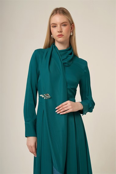 FTZ Women Kadın Doğal Elyaf Şal Detay Elbise  Petrol 31337